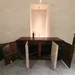 Curved Four-Door Sideboard with Quilted Upholstered Panels High-Gloss Burl Wood Veneer and Gold-Finish Metal Handles